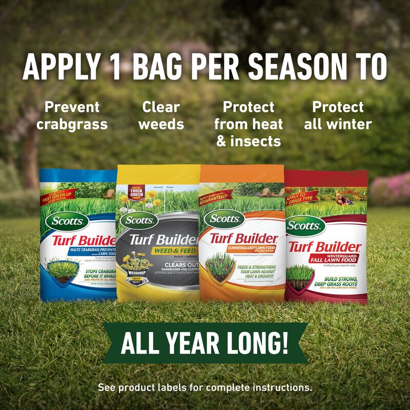 Scotts® Turf Builder® Halts Crabgrass Preventer, Weed & Feed₅, SummerGuard and WinterGuard, 4 Bag Bundle, Small Lawns image number null