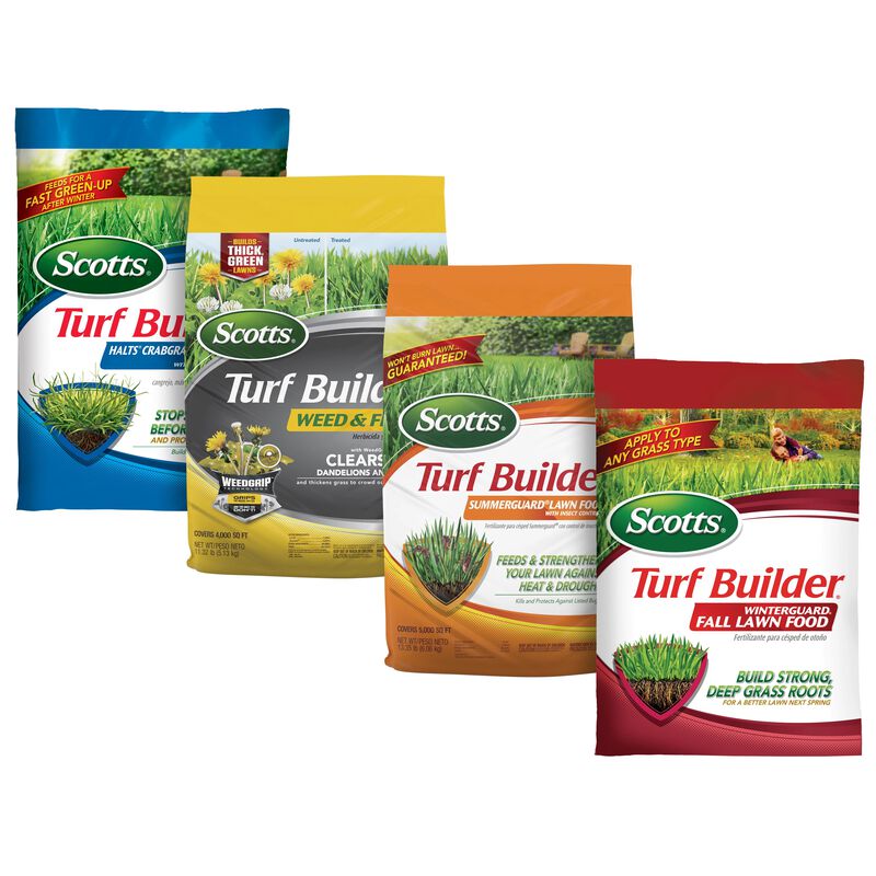 Scotts® Turf Builder® Halts Crabgrass Preventer, Weed & Feed₅, SummerGuard and WinterGuard, 4 Bag Bundle, Small Lawns image number null